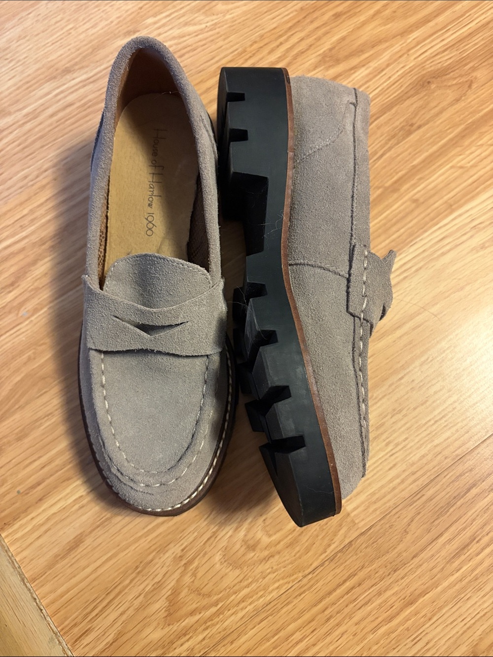 House of Harlow 1960 Taupe Suede Lug Sole Penny Loafers